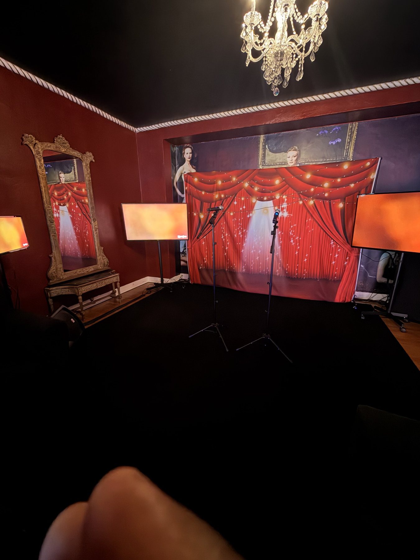 Palmwood Rentals karaoke setup with two displays and microphones